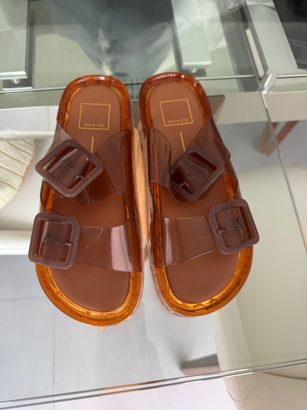 Dolce Vita Translucent Amber Brown Buckle Jelly Slides